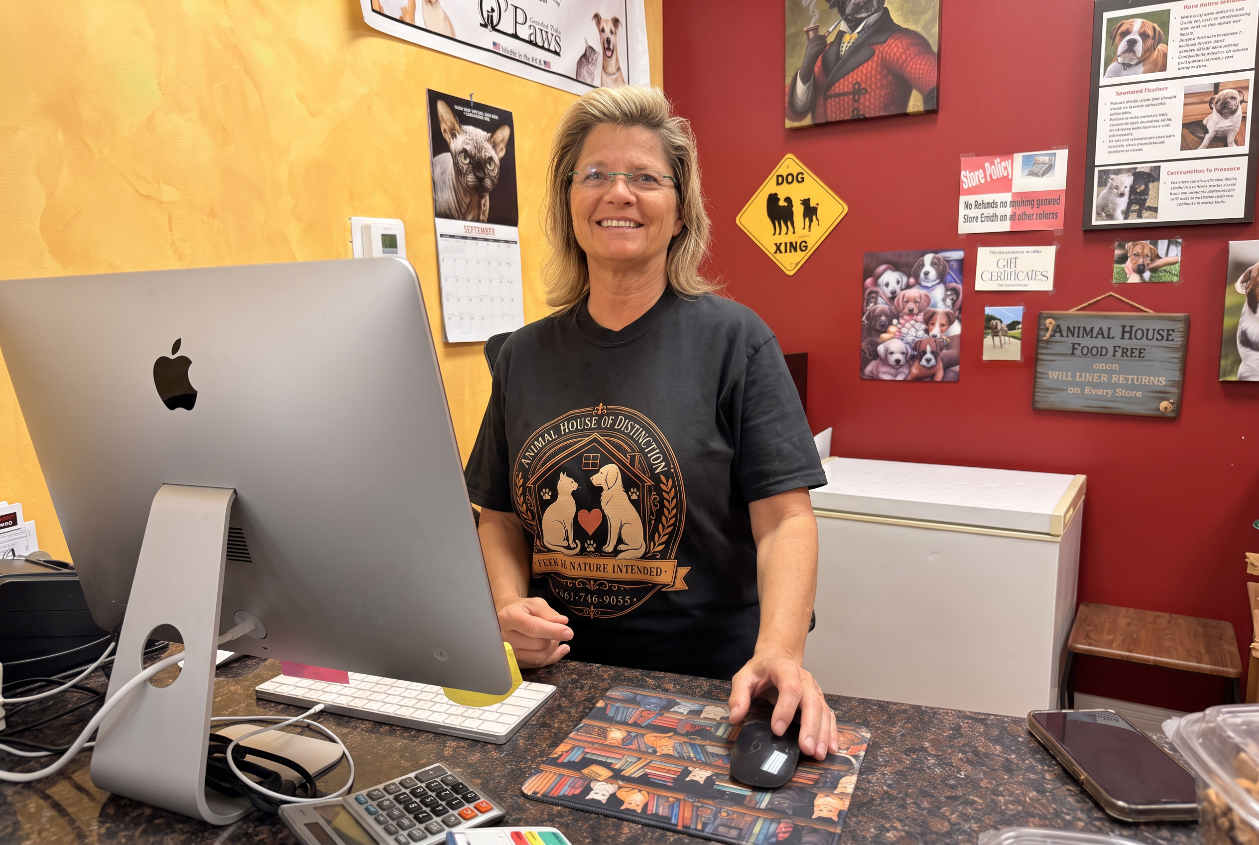Kim, owner, at the store counter