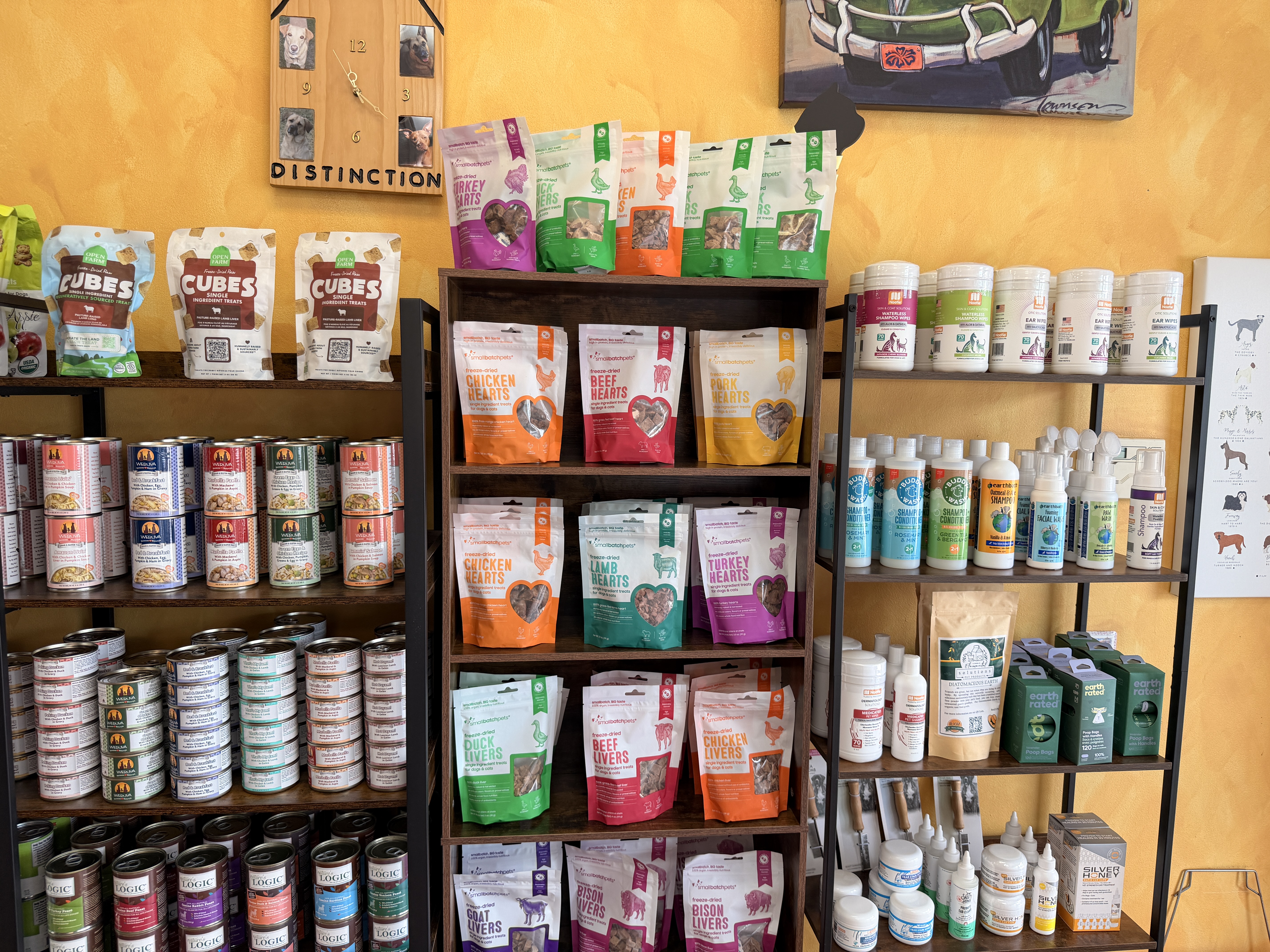 Treat shelves with jerky and freeze-dried hearts